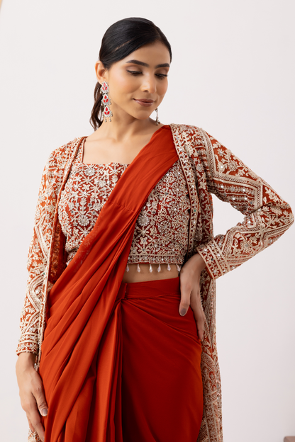 Rust Gold Draped Saree with Heavy Embroidered Shrug &amp; Blouse