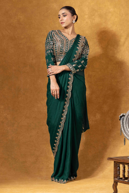 Bottle Green Hand Embroidered Saree Set