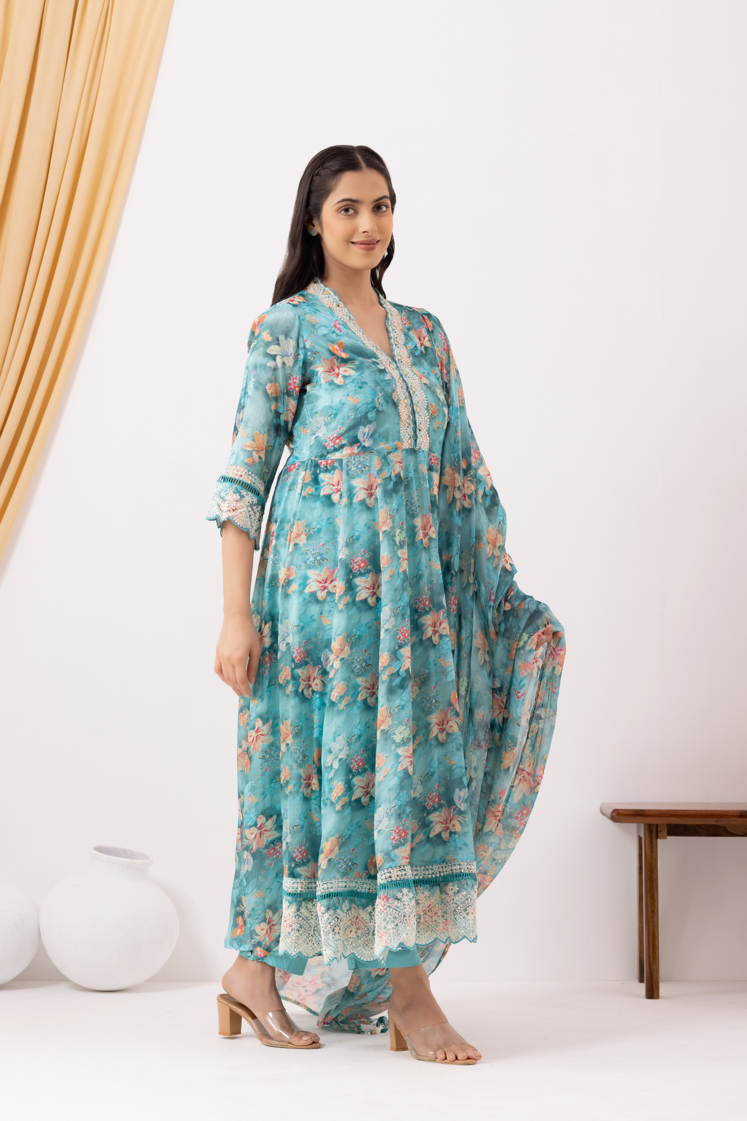 Turquoise Crepe Printed &amp; Hand Embroidered Anarkali Set