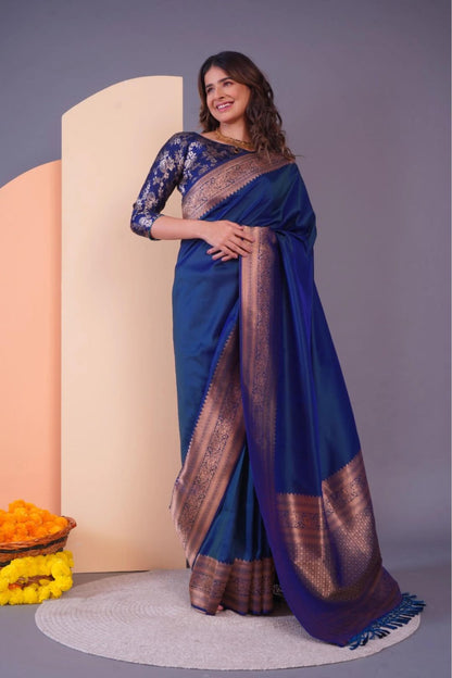 Turquoise Silk Saree With Zari Border &amp; Matching Blouse