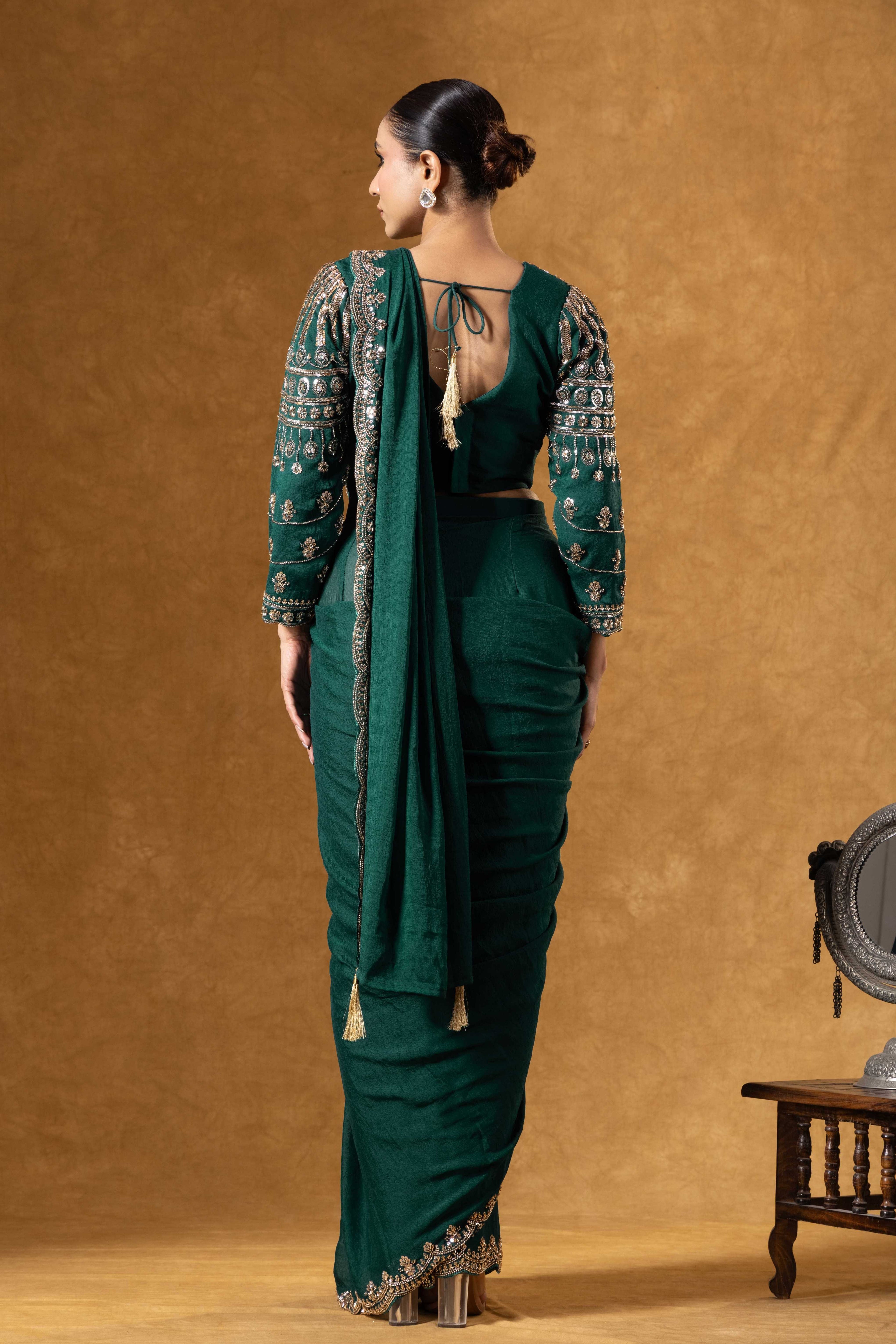 Bottle Green Hand Embroidered Saree Set