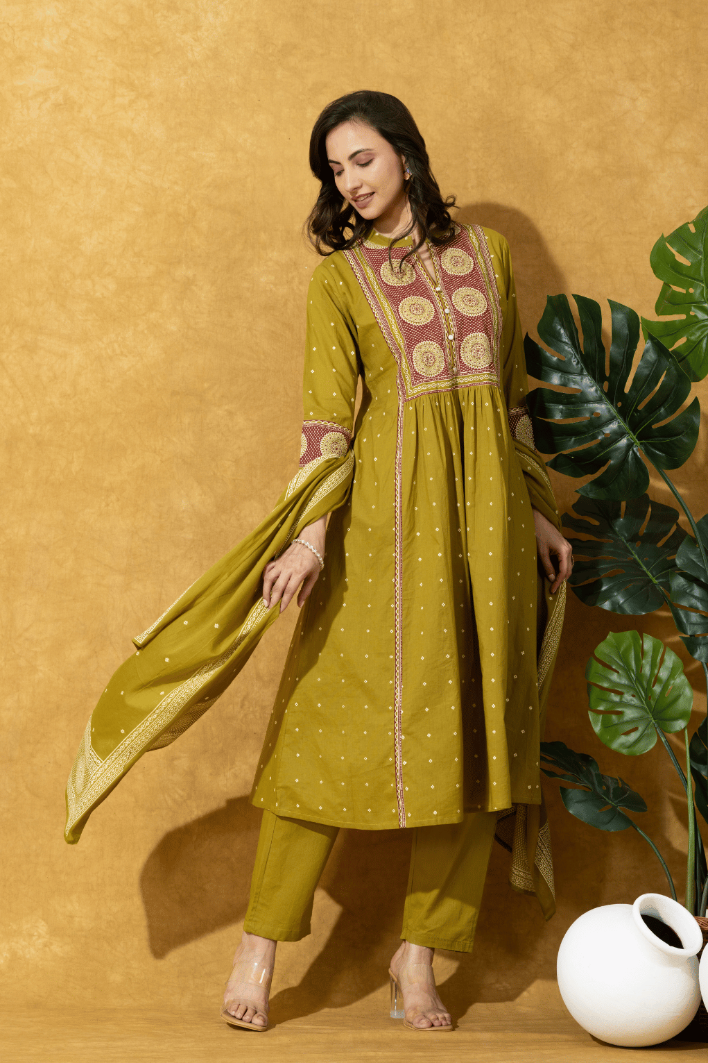 Olive Green Printed Anarkali Suit Set