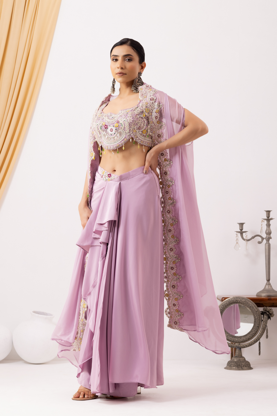 Lilac Draped Fusion Set with Cape Sleeves and Embroidered in Ivory