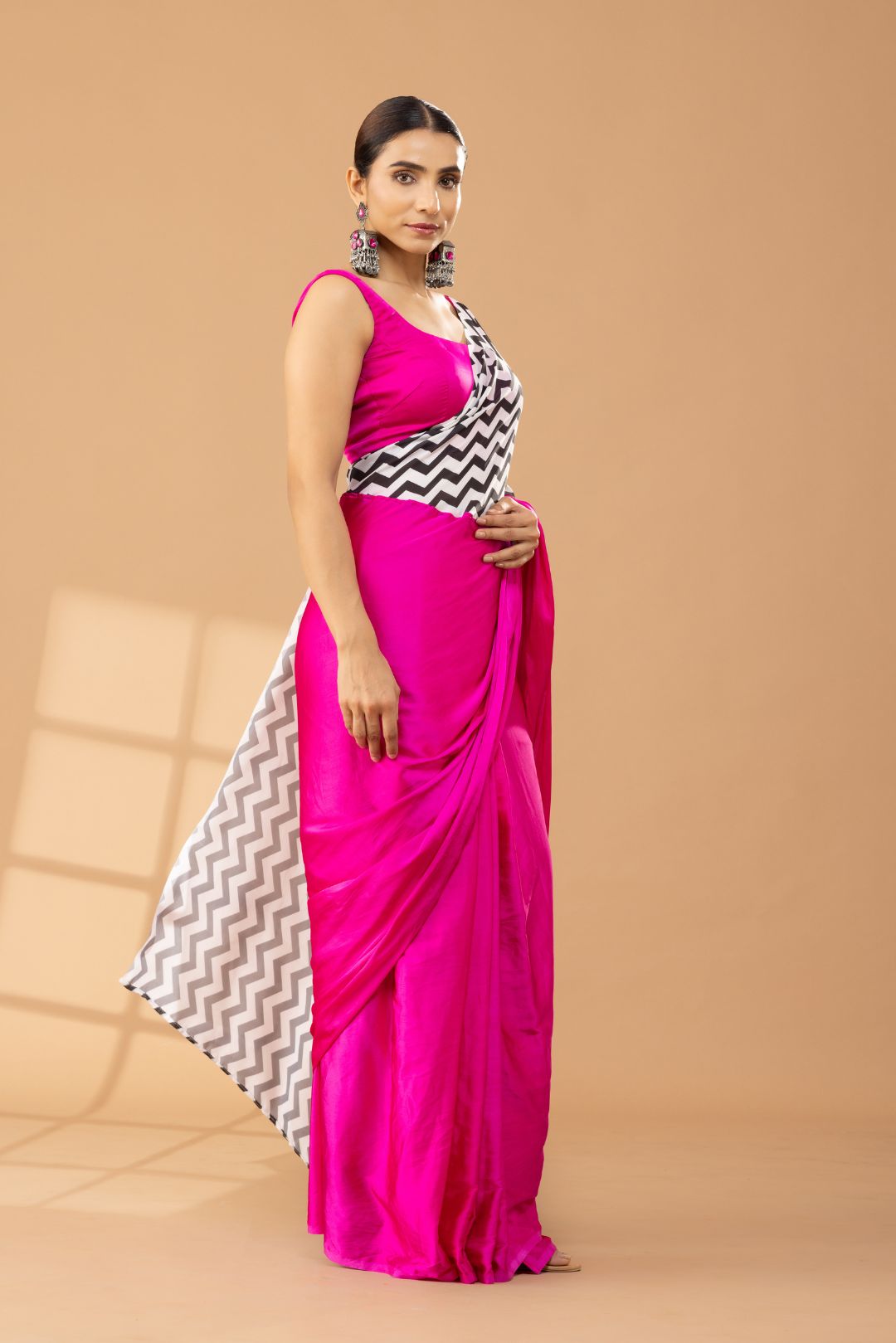 Fuchsia Satin Saree with Chevron Print &amp; Fabric Blouse