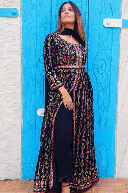 Black Slit Style Embroidered Anarkali With Pants &amp; Dupatta.