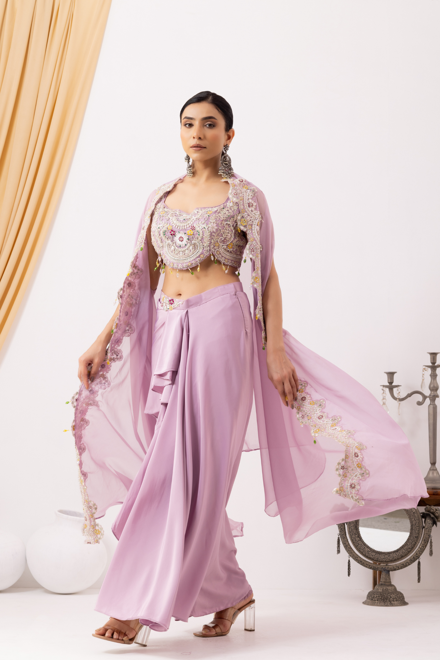 Lilac Draped Fusion Set with Cape Sleeves and Embroidered in Ivory