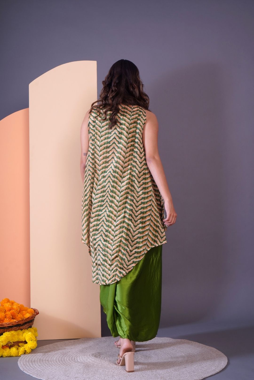 Green Embroidered Dhoti Style Skirt With Top And Short Shrug