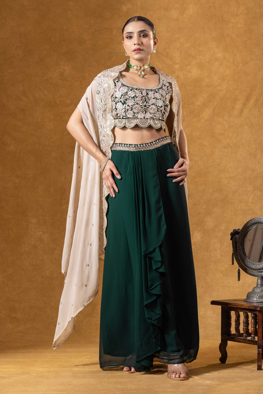 Bottle Green Embroidered Drape Skirt with Ivory Cape set