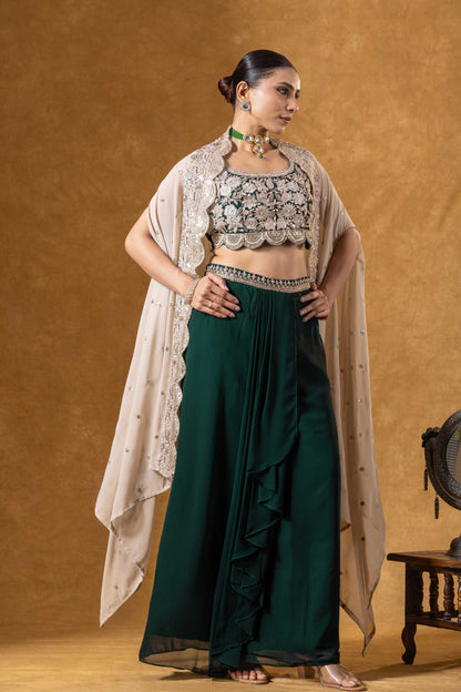 Bottle Green Embroidered Drape Skirt with Ivory Cape set