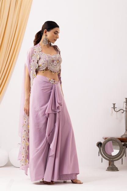 Lilac Draped Fusion Set with Cape Sleeves and Embroidered in Ivory