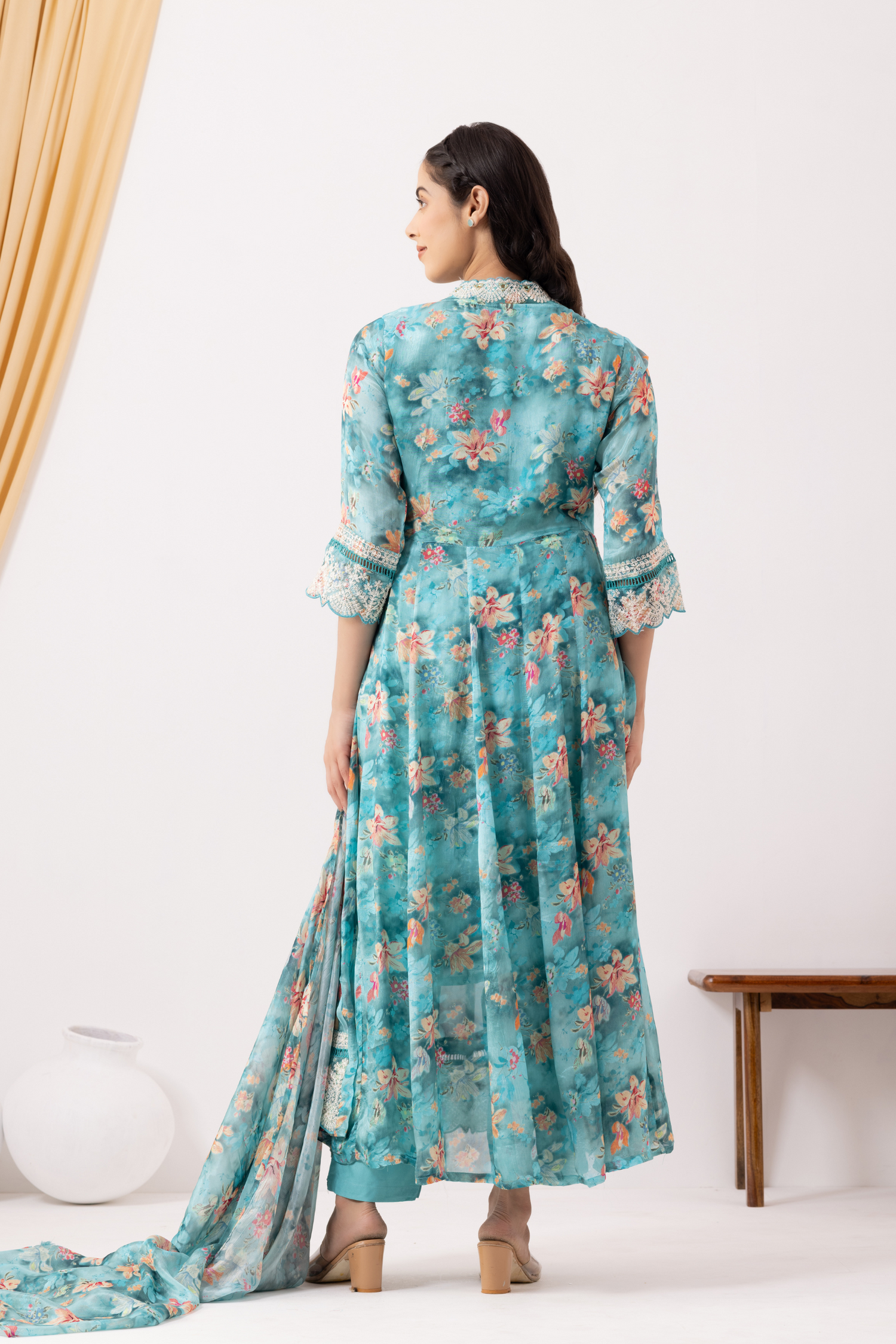 Turquoise Crepe Printed &amp; Hand Embroidered Anarkali Set