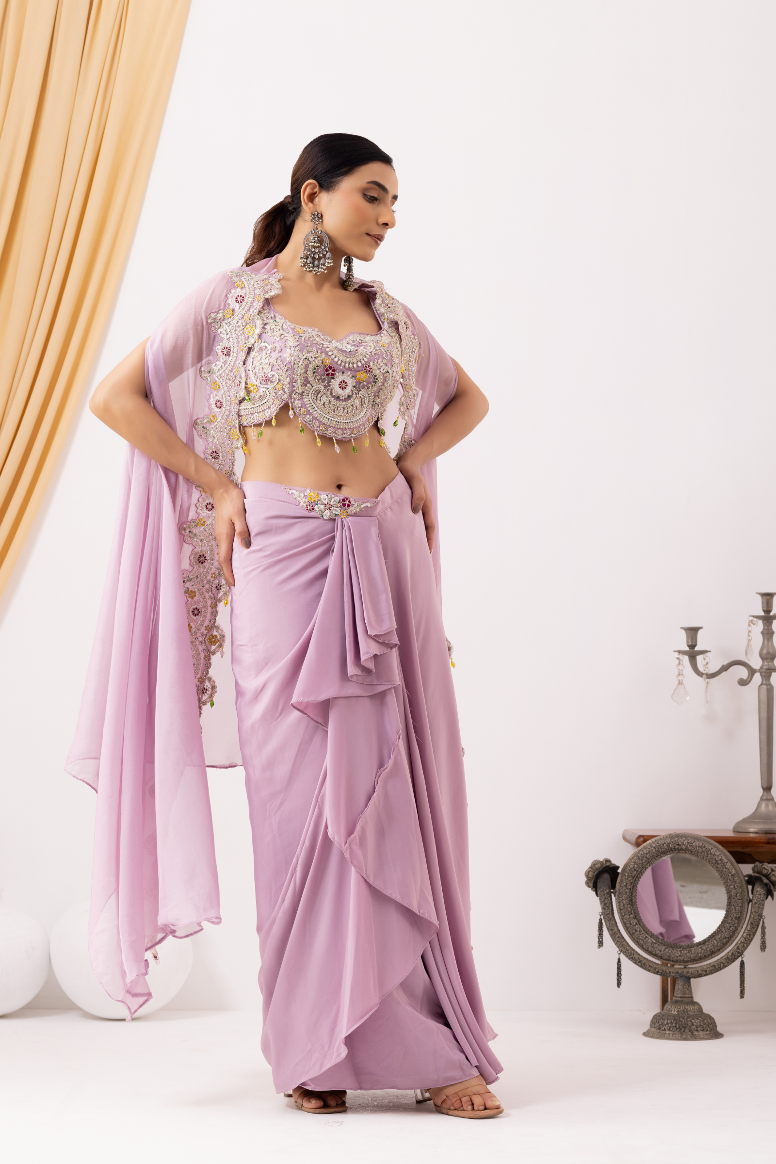 Lilac Draped Fusion Set with Cape Sleeves and Embroidered in Ivory