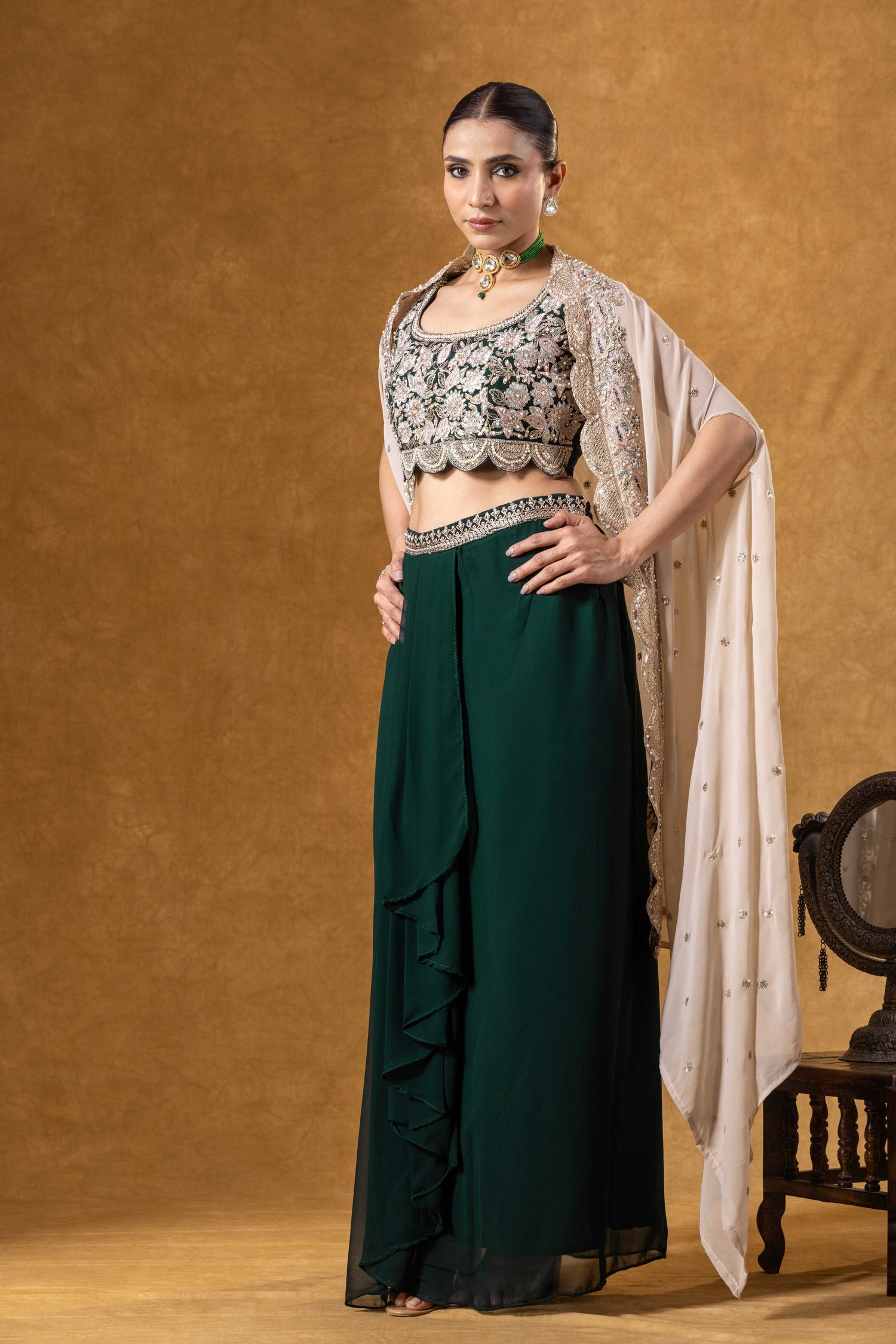 Bottle Green Embroidered Drape Skirt with Ivory Cape set