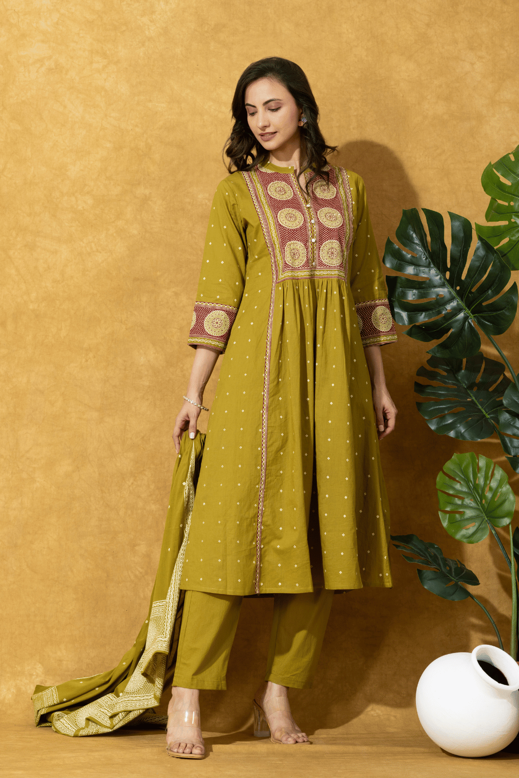 Olive Green Printed Anarkali Suit Set