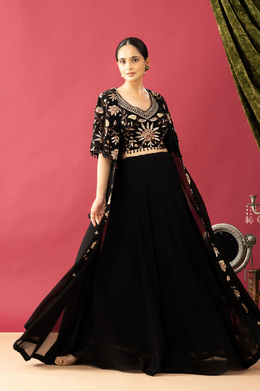 Embroidered Black Lehenga set in Cape Style