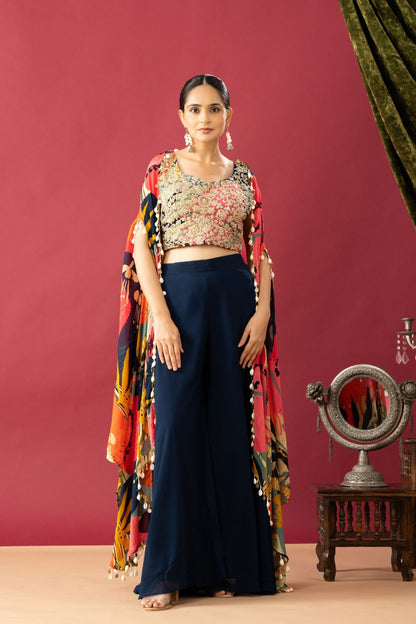 Blue Pallazzo Set with Multicolor Cape