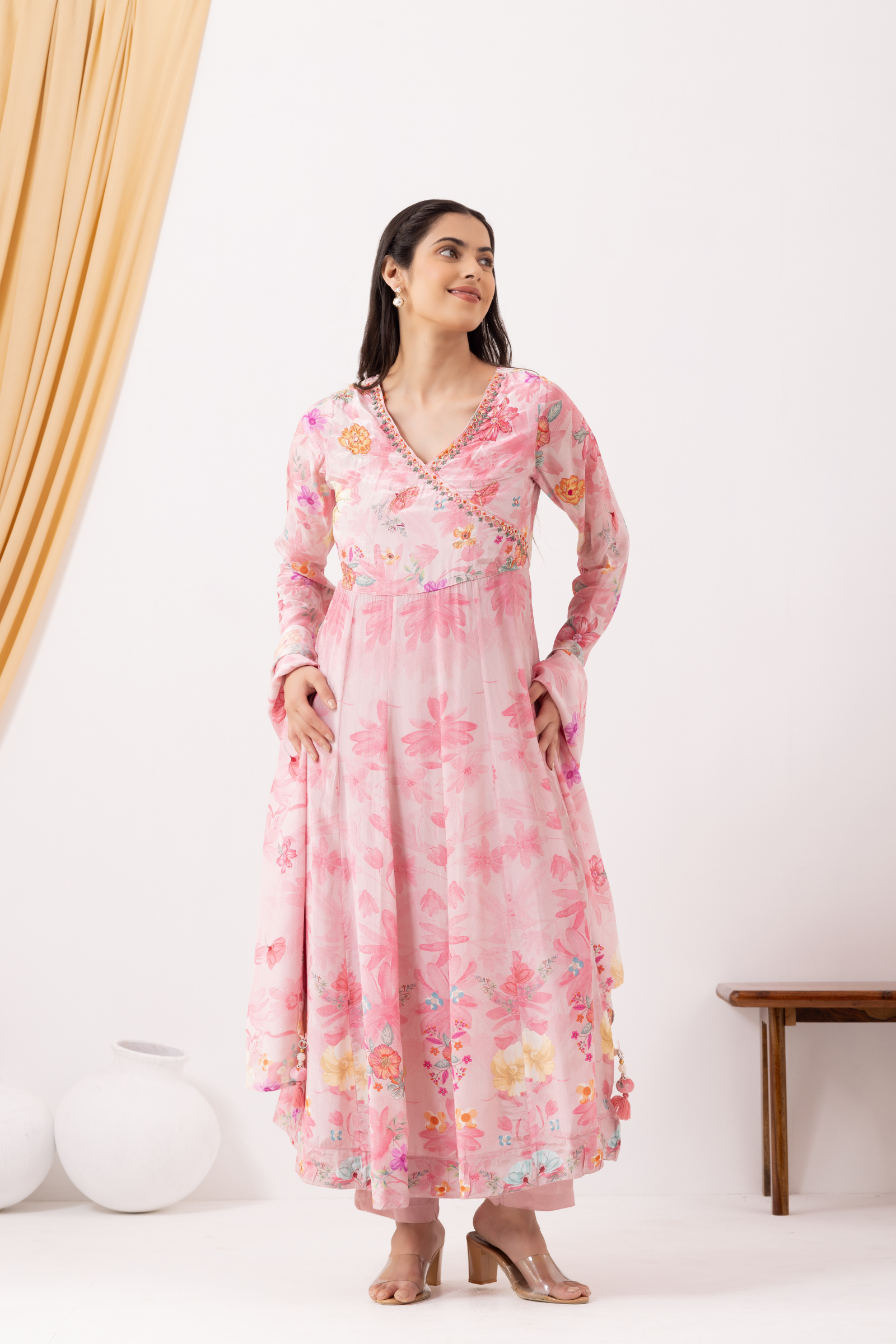 Pink Crepe Printed &amp; Hand Embroidered Angrakha  Style Anarkali Set