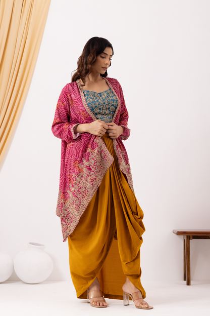 Yellow Draped Fusion Set with Bandhej Cape Set