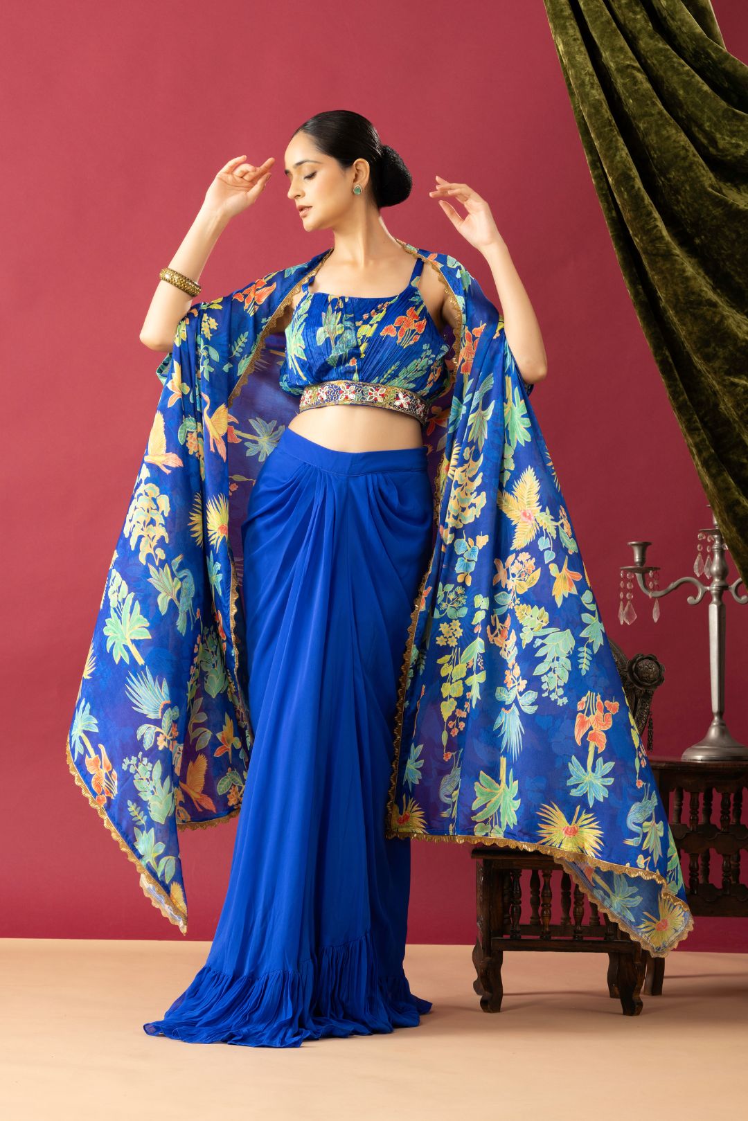 Blue Drape Skirt Set with Multicolor Cape