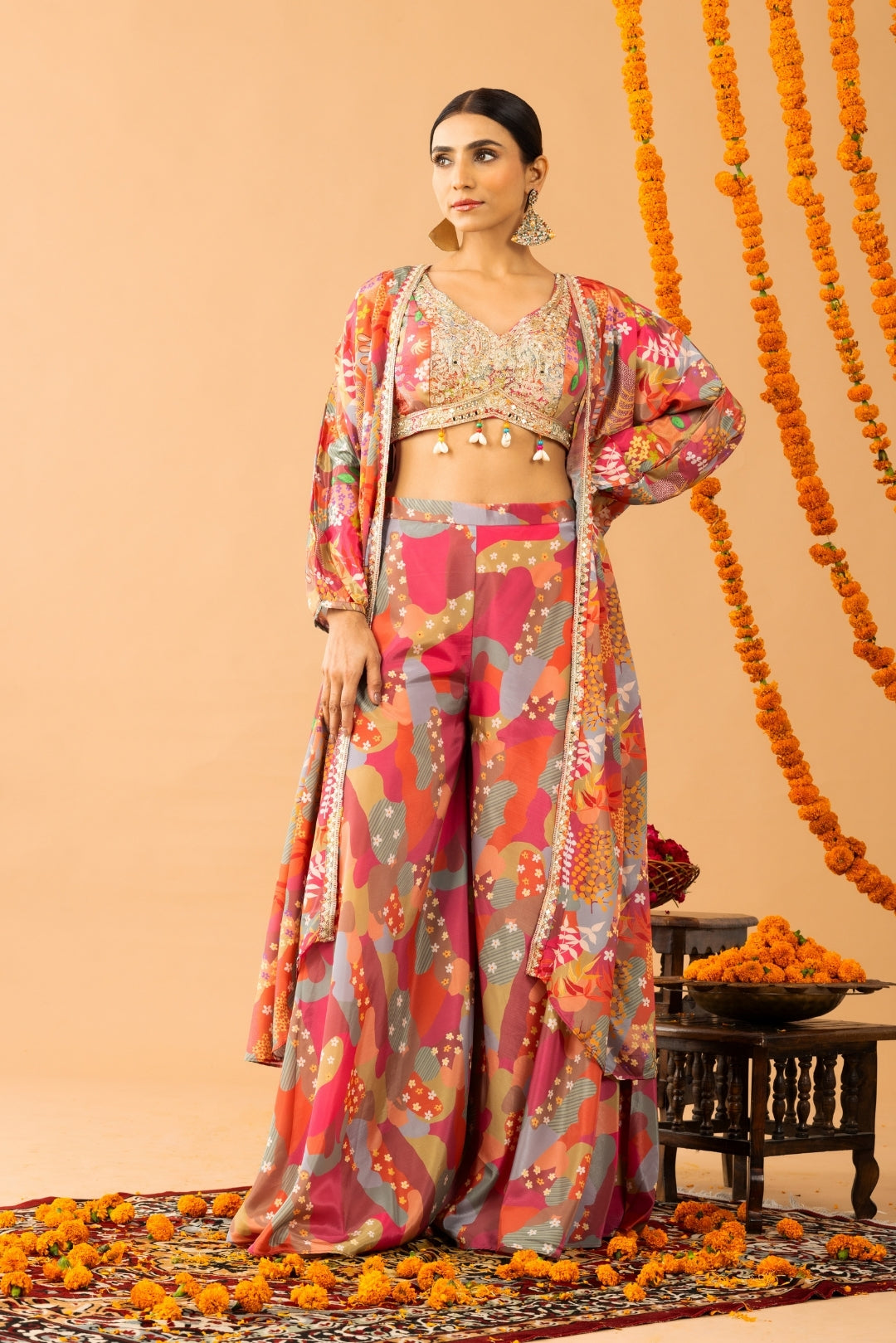 Pink Printed Sharara Set with shrug