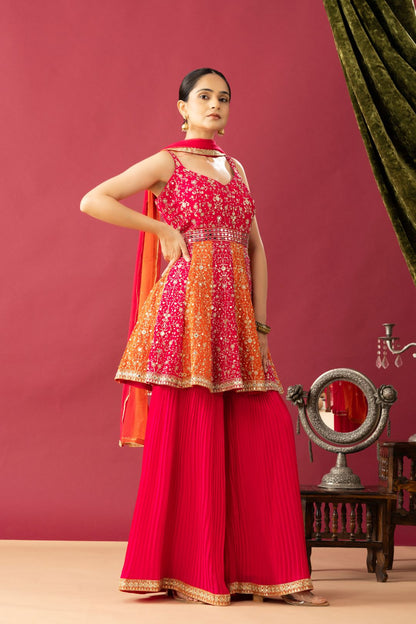 Pink Orange Peplum Sharara Set