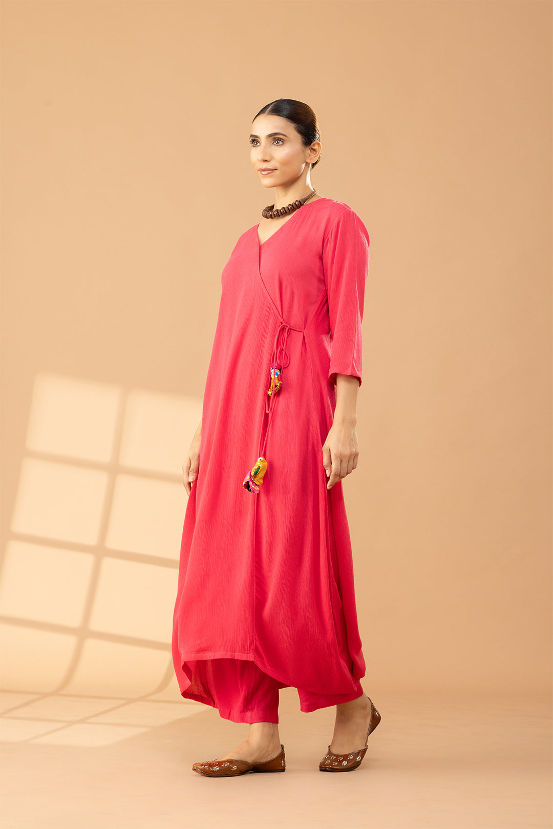 Bright Pink Cotton Angrakha Kurta Set