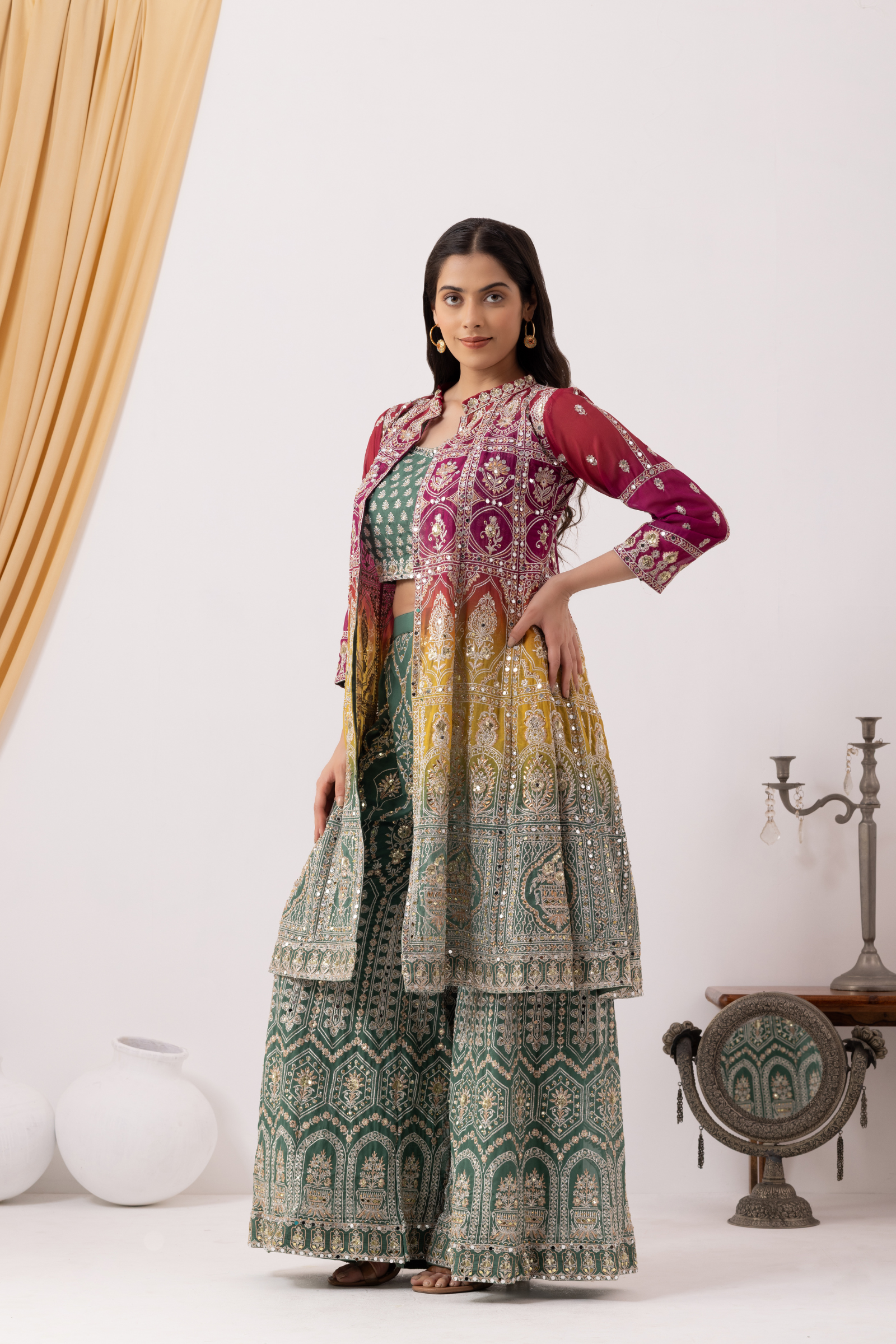 Georgette Dusty Green Designer Sharara Suit Set with Jacket