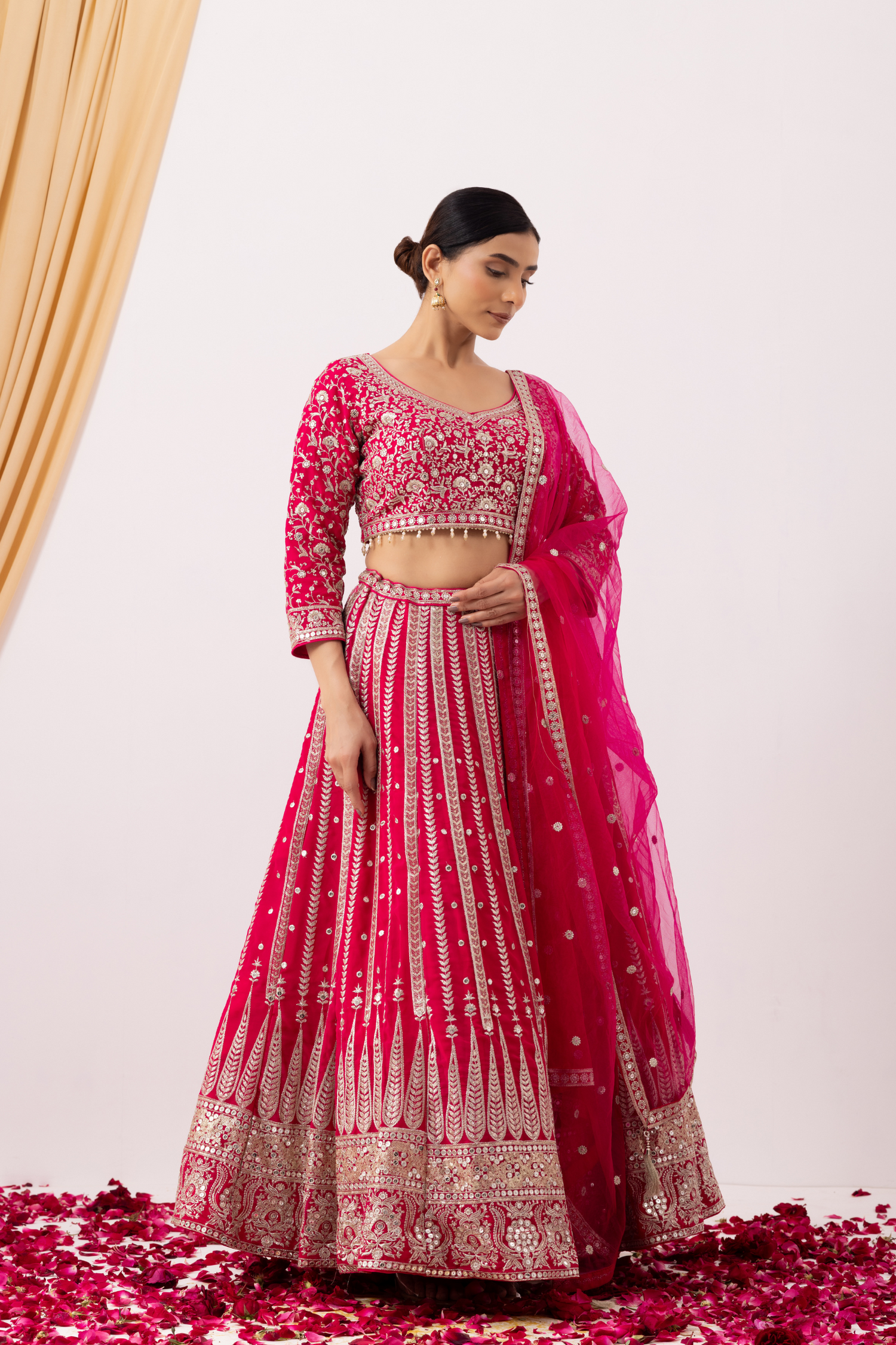 Magenta Pink Lehenga Set with Zari Embellished Blouse and Embellished Cape