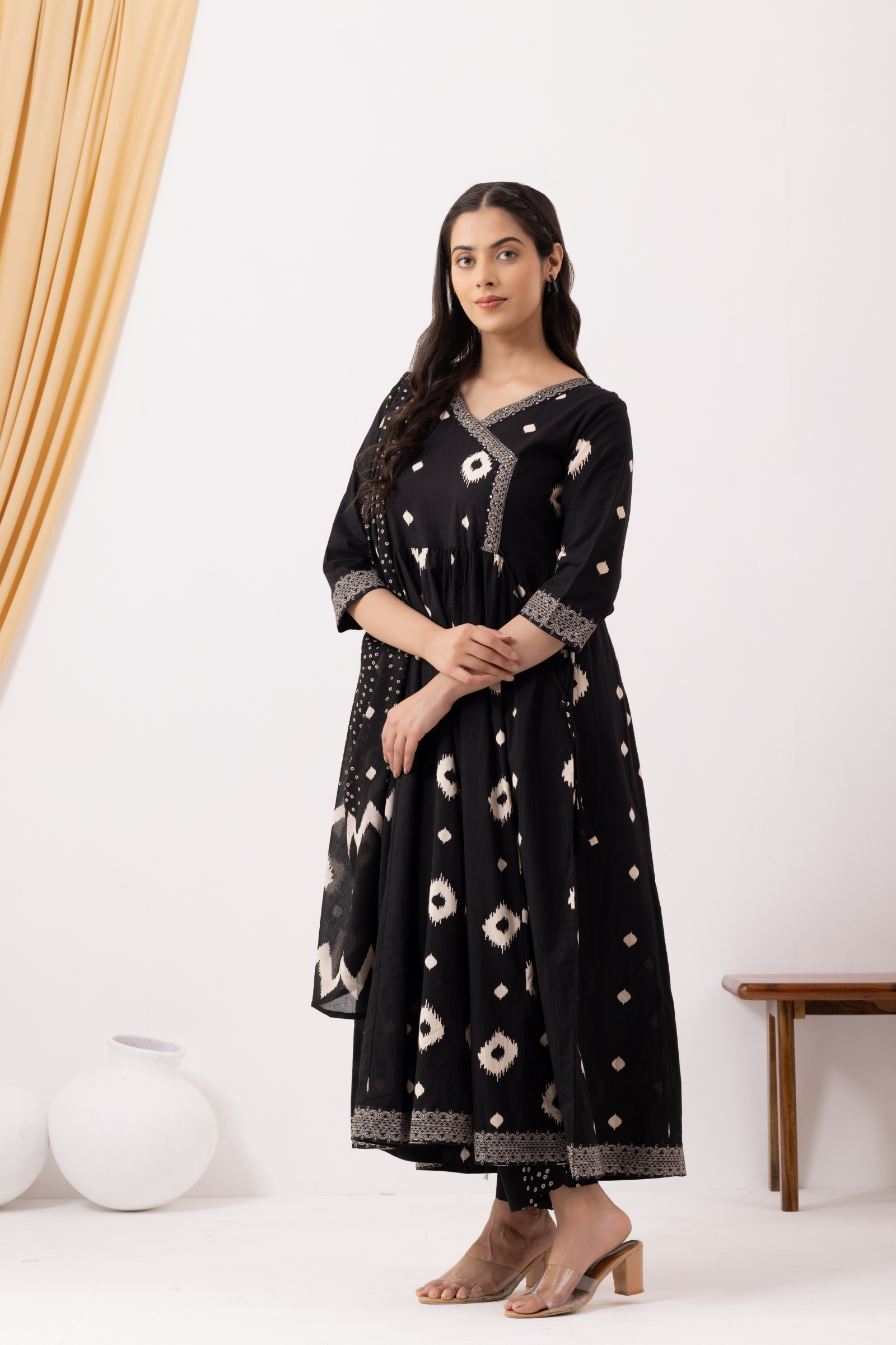 Black Cotton Printed Angrakha Anarkali Suit Set