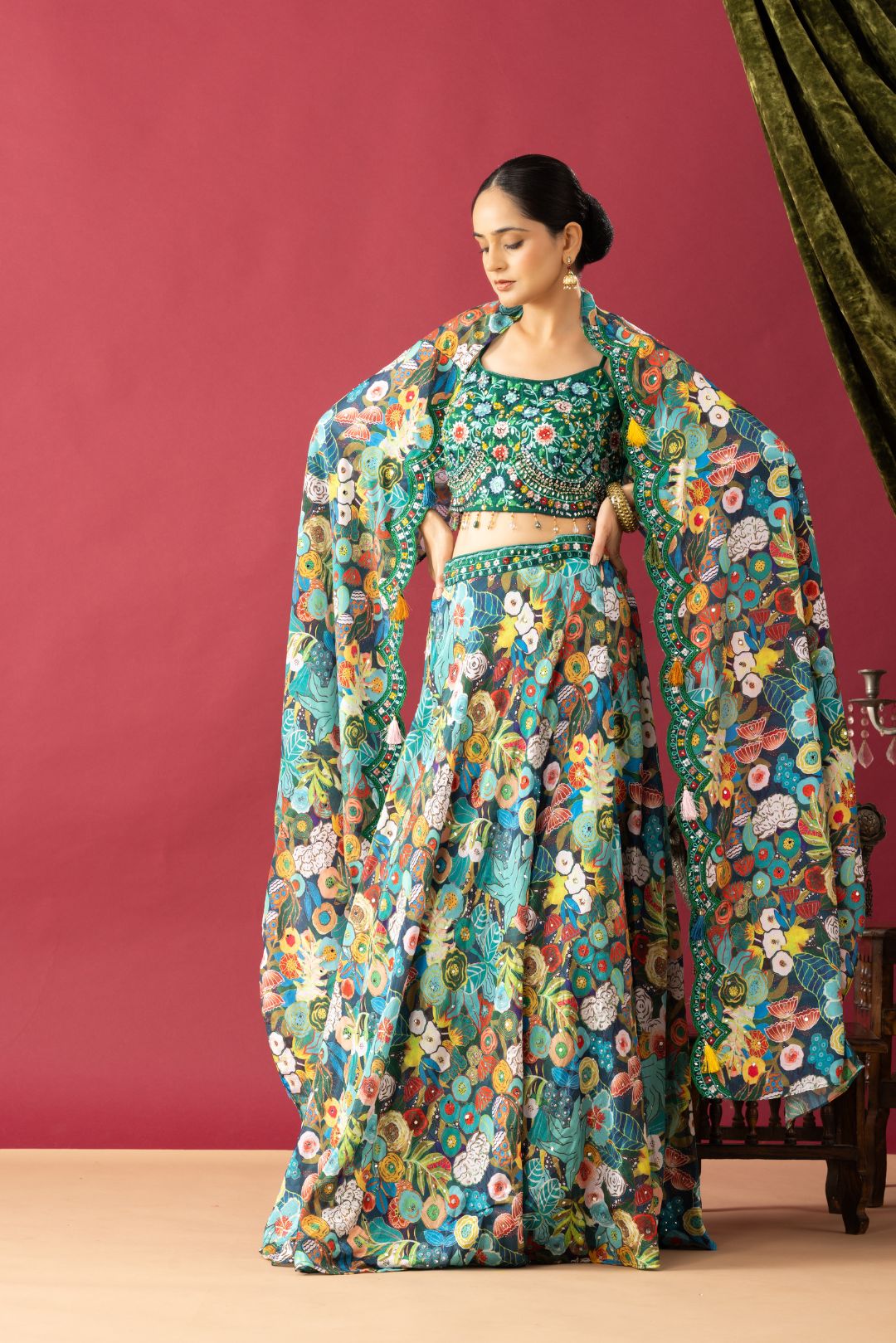 Green Tropical Printed Indo Western Lehenga Cape Set