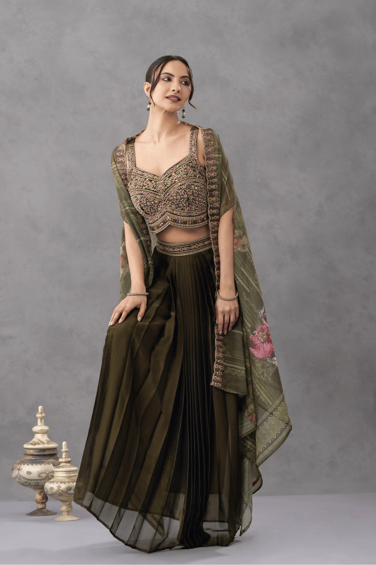Deep Olive Green Skirt Cape set