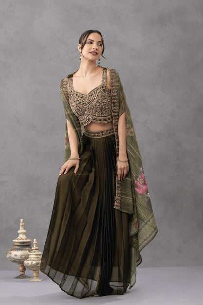 Deep Olive Green Skirt Cape set