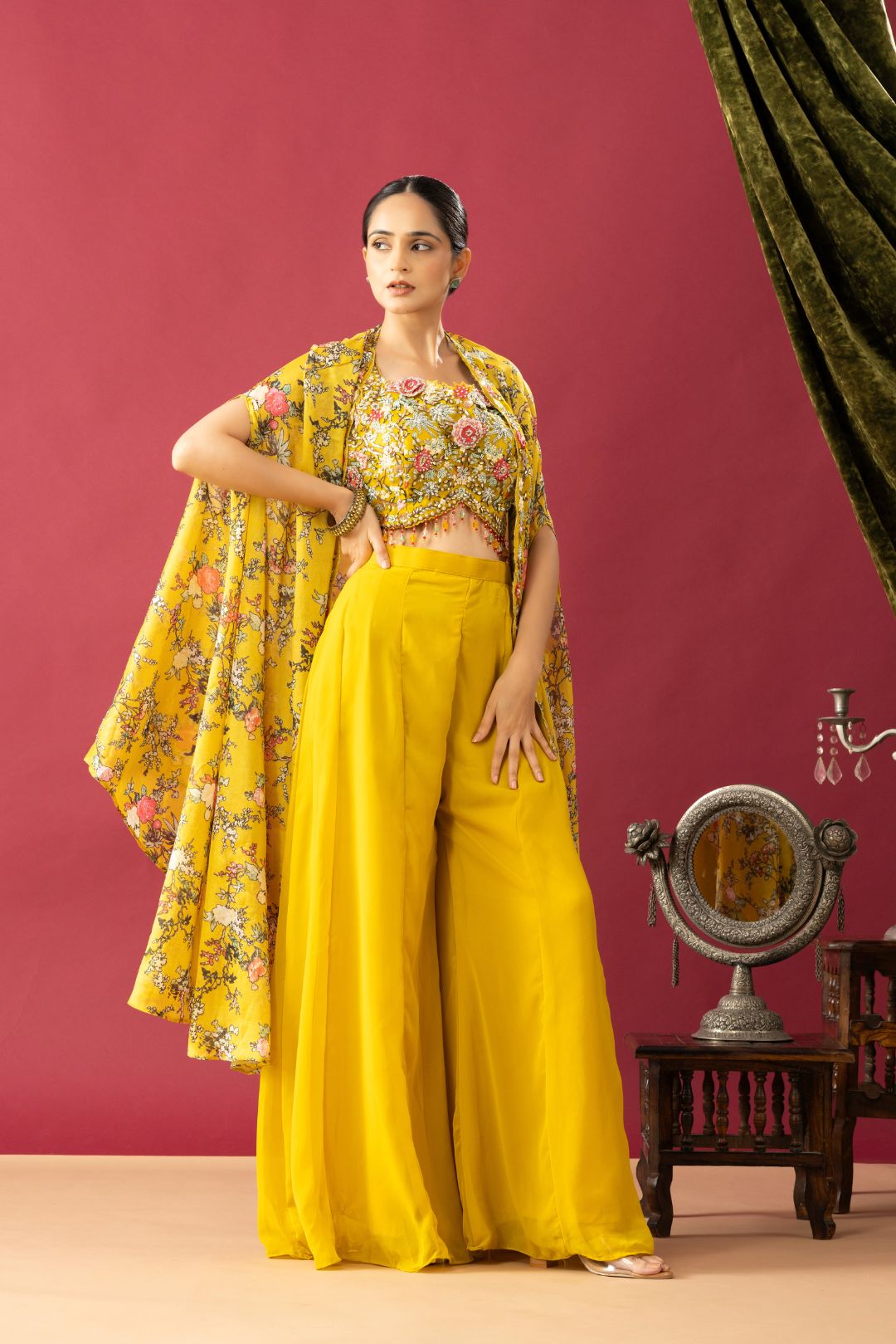 Indo Western Palazzo Set with Floral Printed Cape