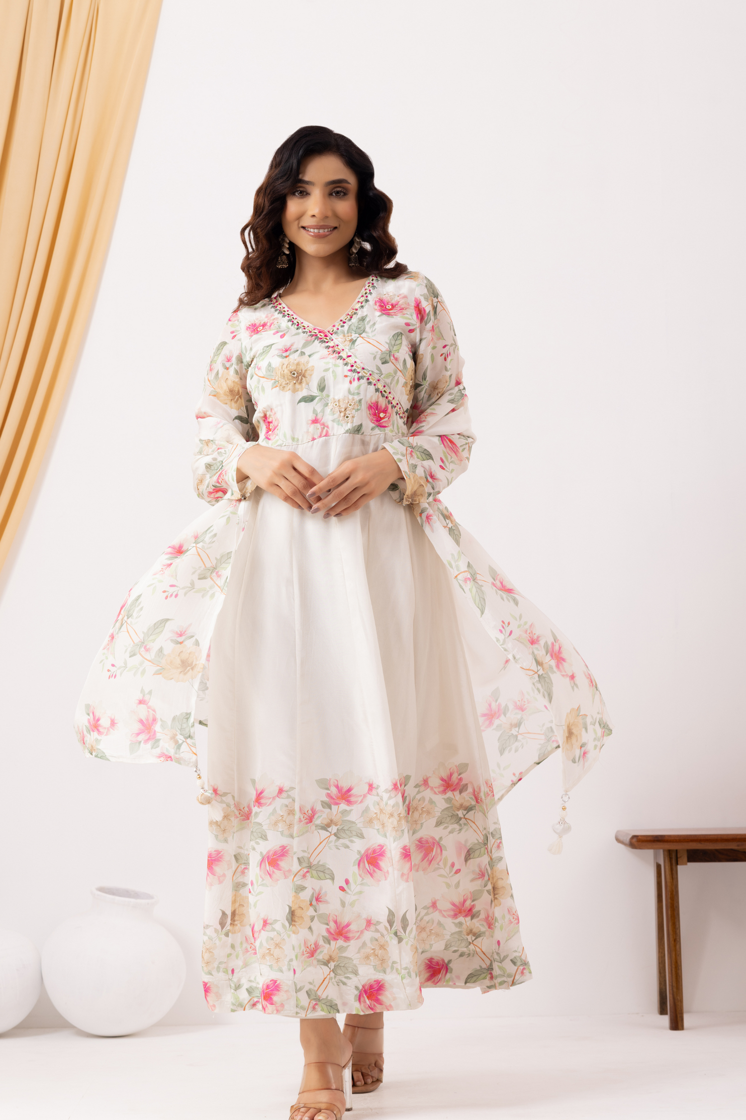 Pearl white Printed &amp; Hand Embroidered Anarkali Set