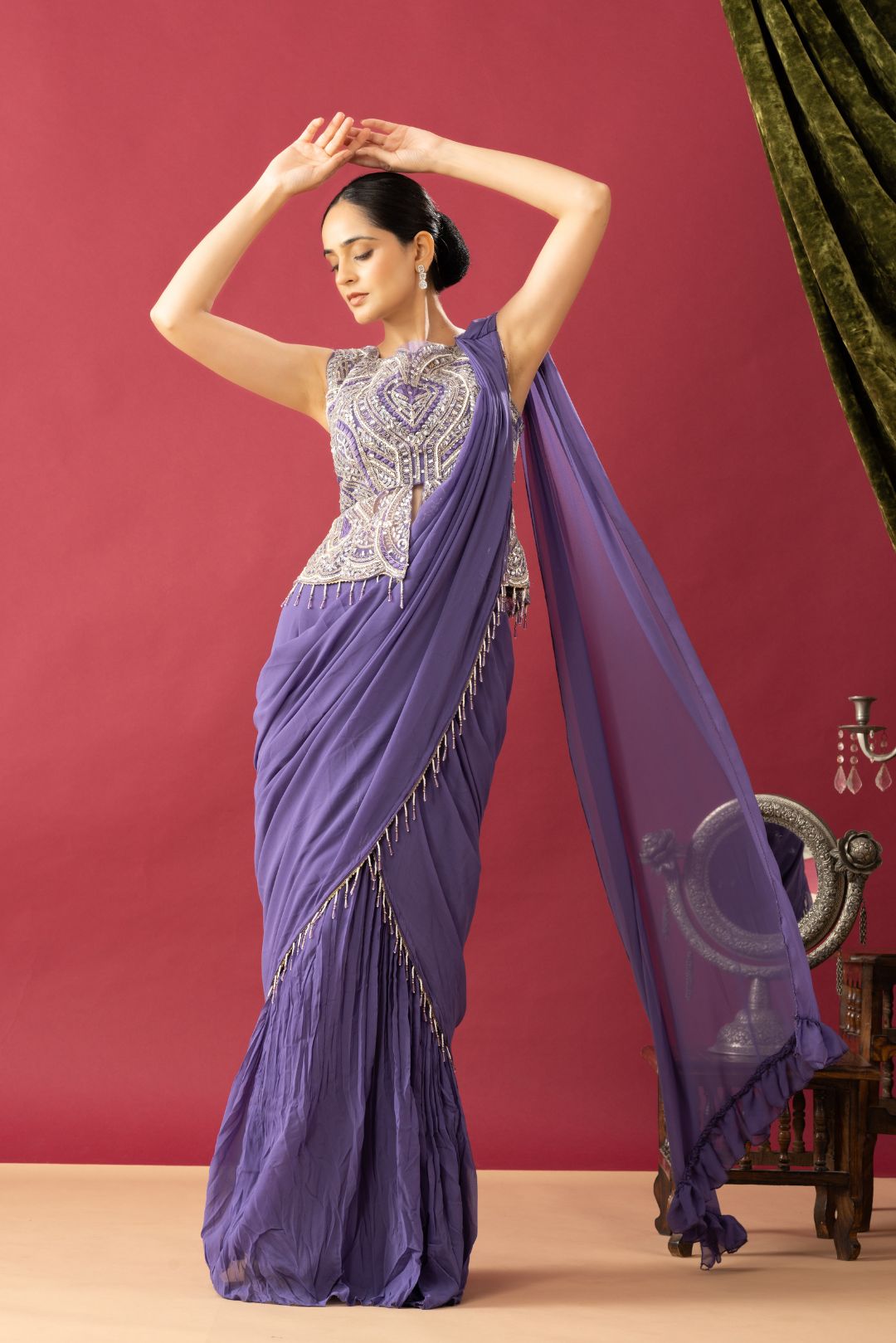 Party Wear Pleated Lilac Saree