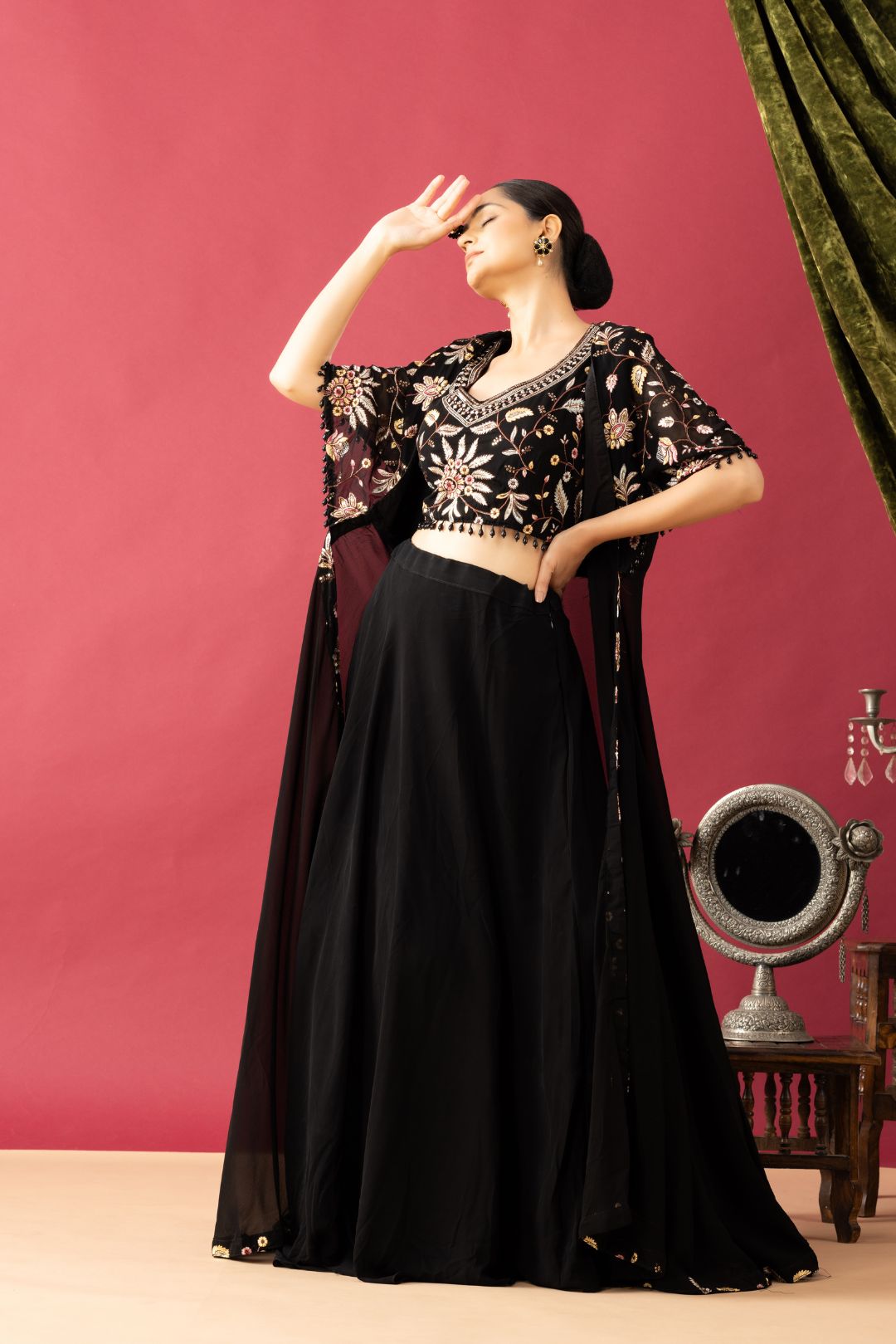 Embroidered Black Lehenga set in Cape Style