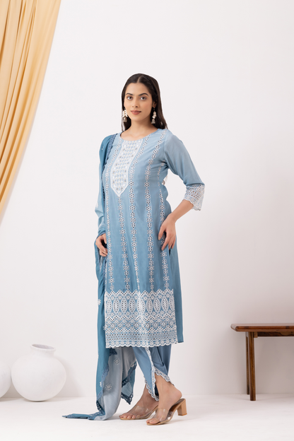 Blue Chikankari Kurta with Tulip Pants Set