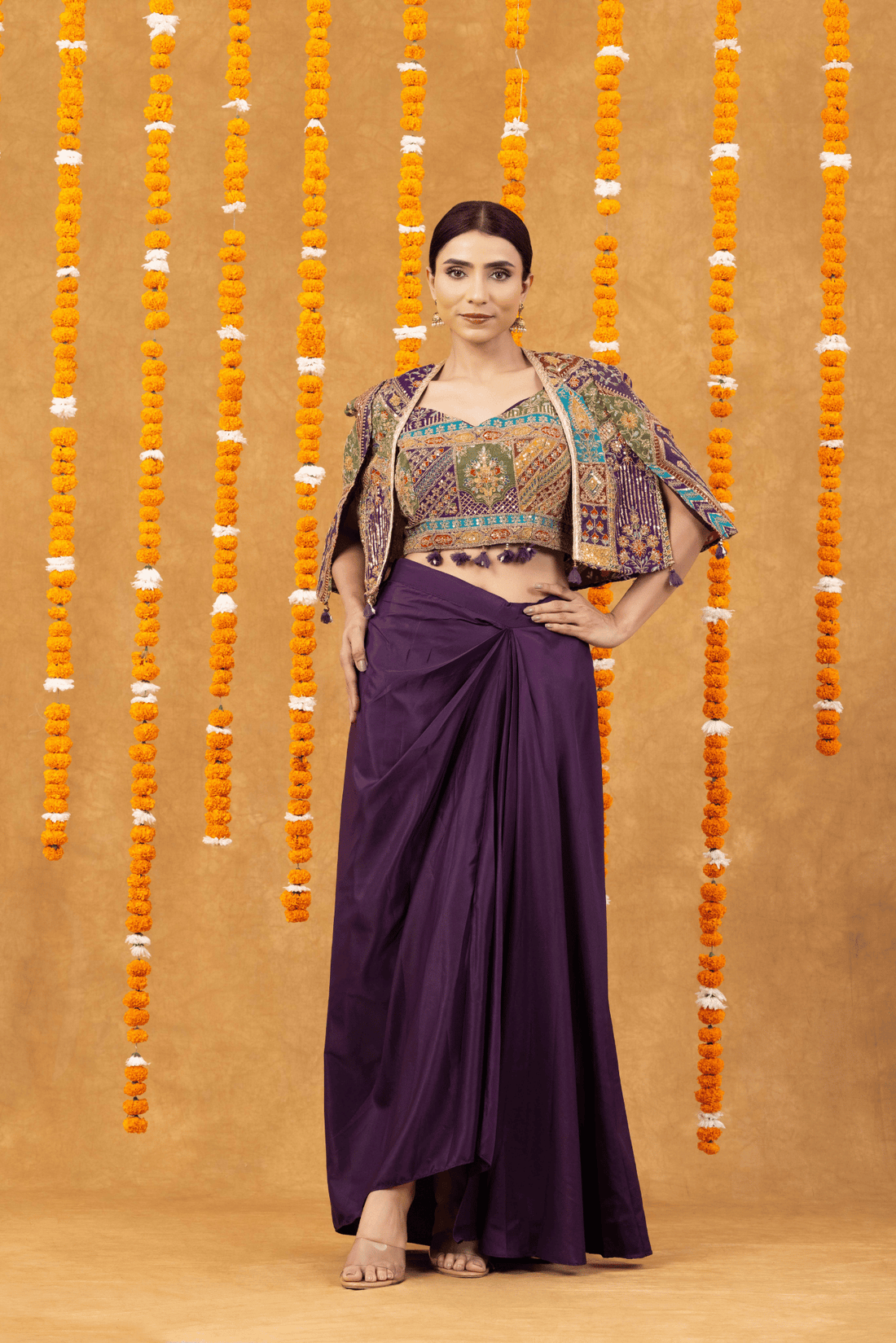 Regal Purple Drape Skirt with Embroidered Crop Top &amp; Jacket