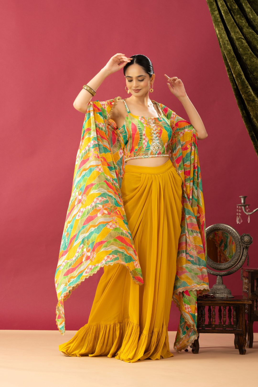 Mustard Yellow Cowl Skirt Set with Multicolor Cape