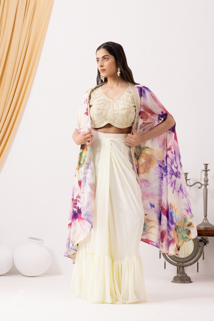 White Ruffle Drape Skirt with Crop Top &amp; Floral Print Cape Set