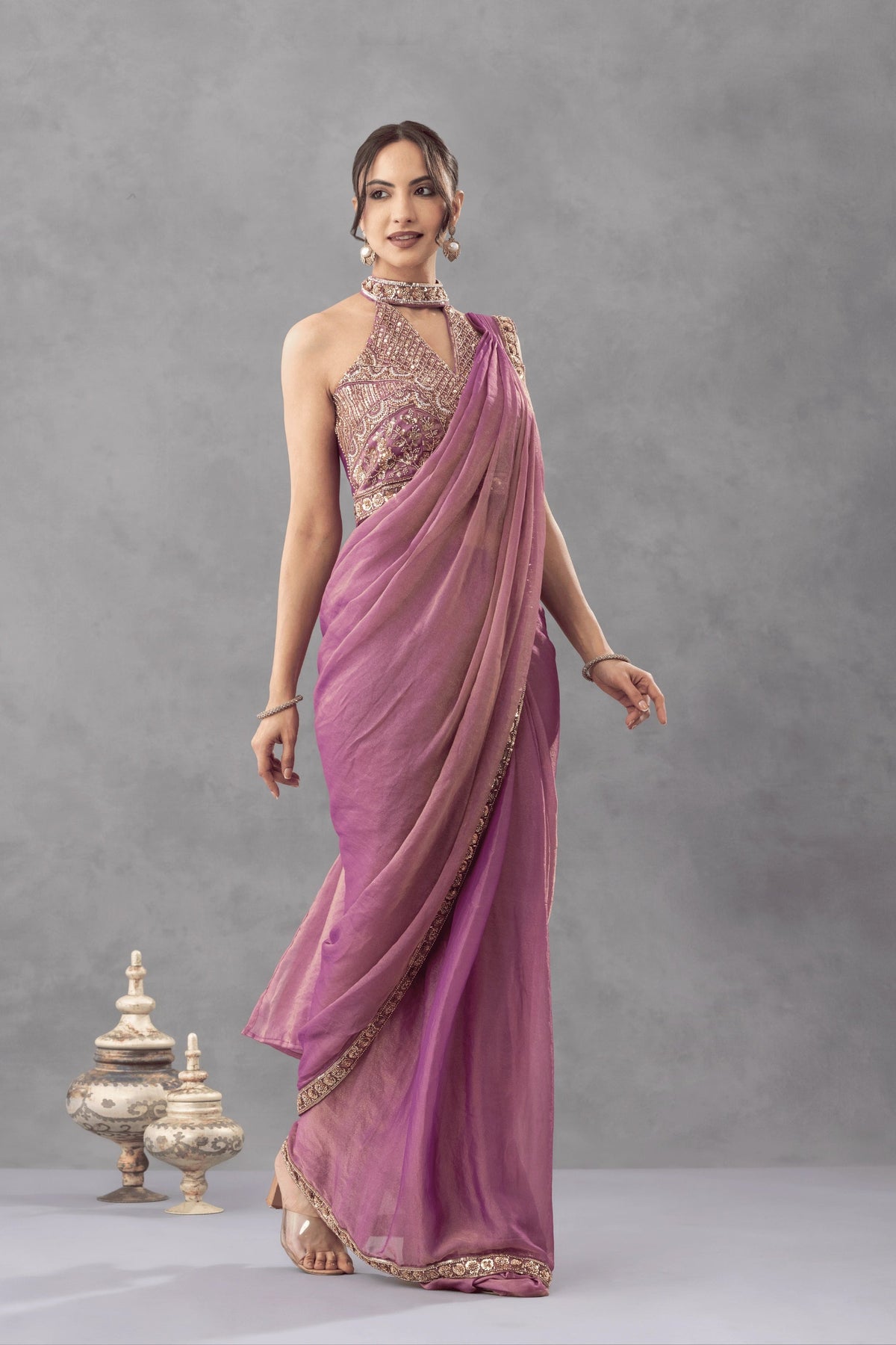 Mauve Draped Saree with Embellished Blouse