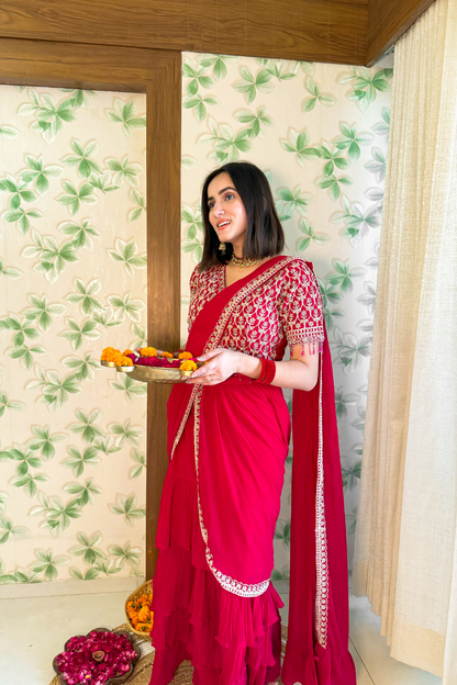 Sparkling Delight Draped Red Saree