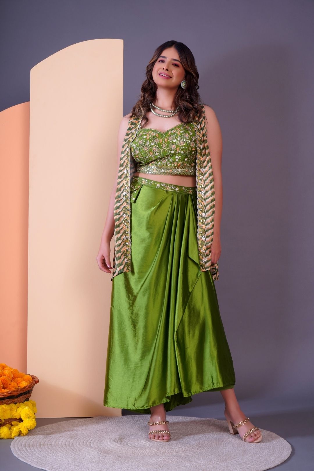 Green Embroidered Dhoti Style Skirt With Top And Short Shrug