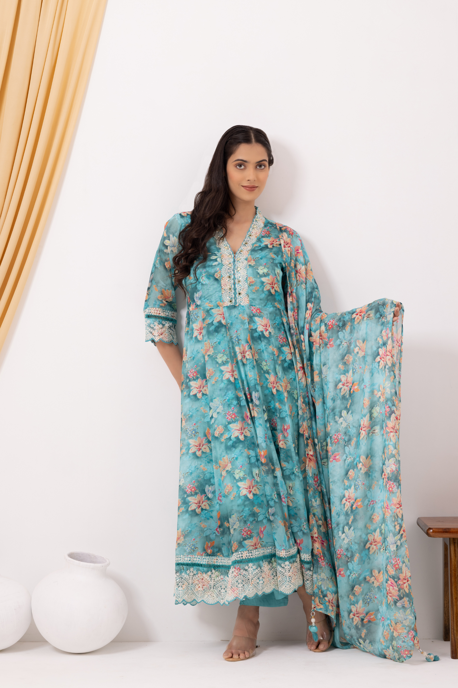 Turquoise Crepe Printed &amp; Hand Embroidered Anarkali Set