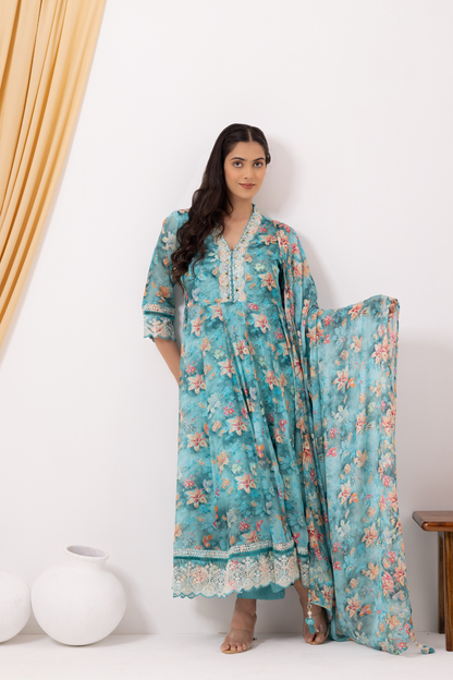 Turquoise Crepe Printed &amp; Hand Embroidered Anarkali Set