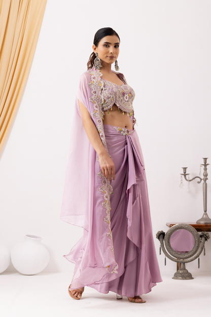 Lilac Draped Fusion Set with Cape Sleeves and Embroidered in Ivory