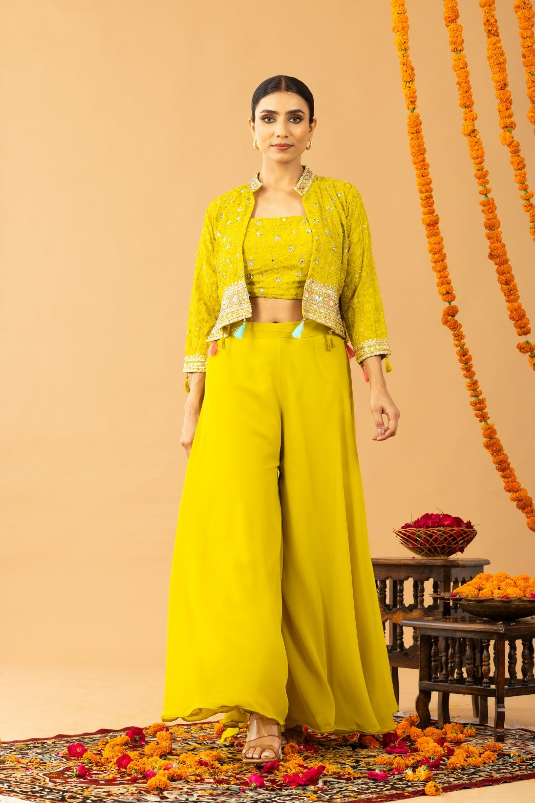 Lime Green georgette Sharara Set with Shrug