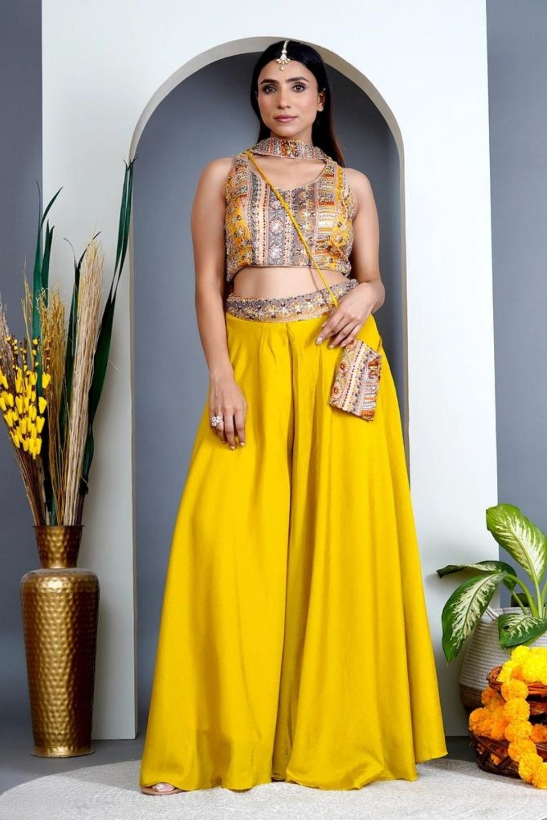 Raw Silk Yellow Embroidery Crop Top Palazzo Suit with Choker Dupatta &amp; Mobile Pouch