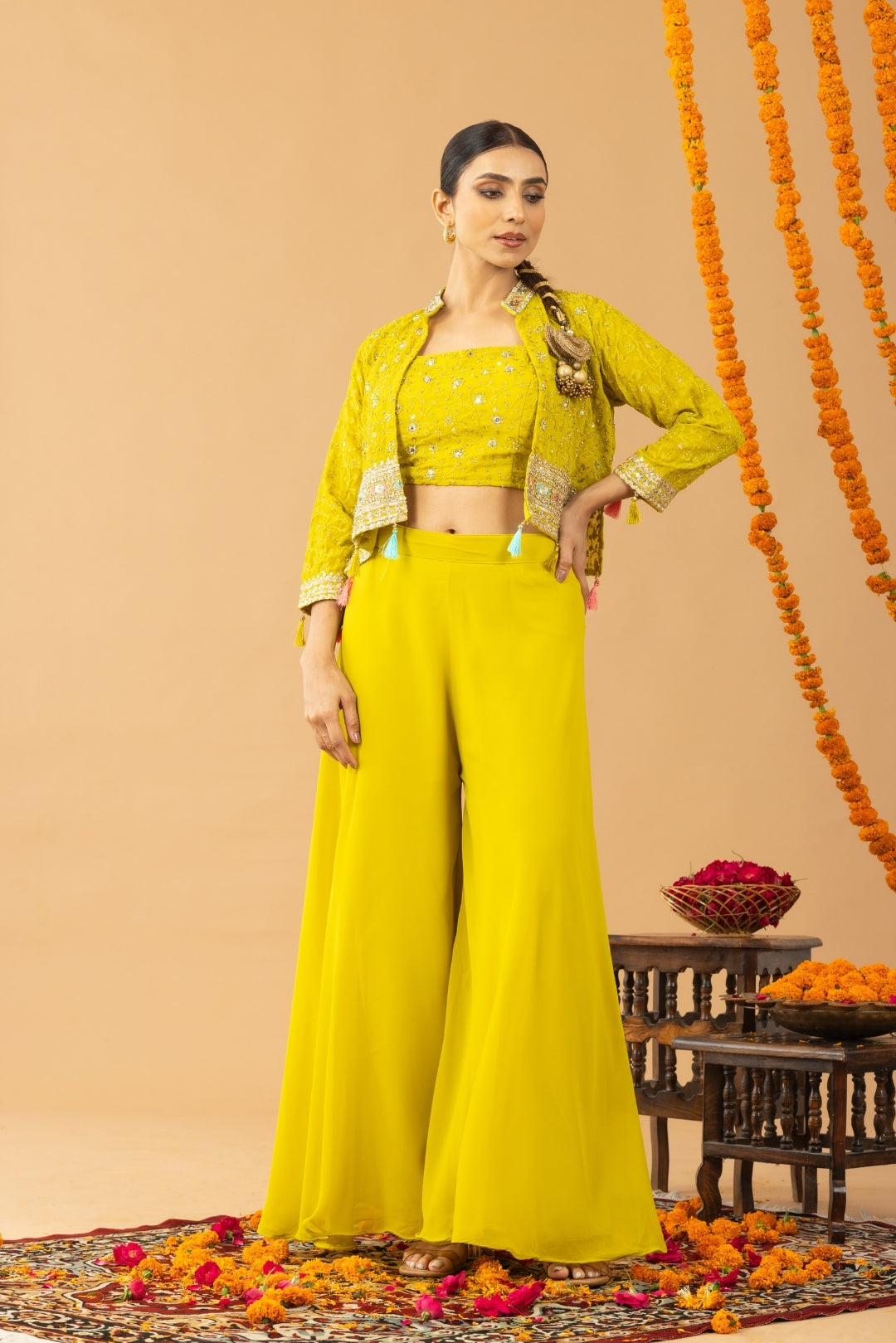 Lime Green georgette Sharara Set with Shrug