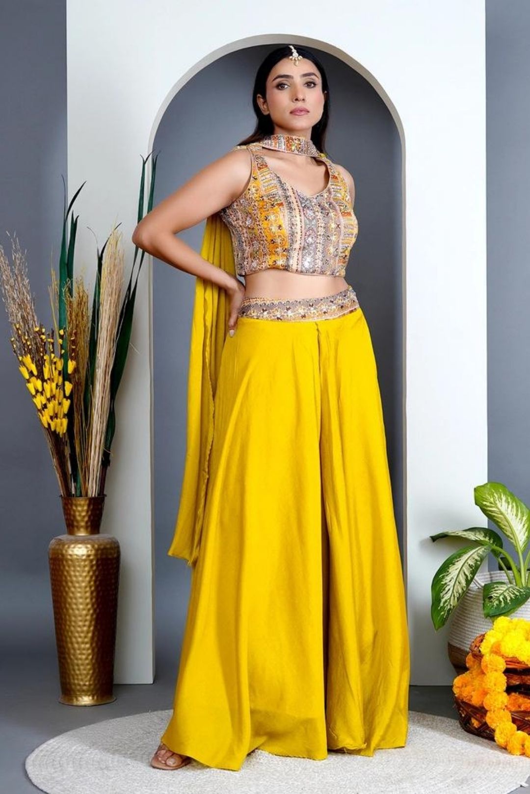 Raw Silk Yellow Embroidery Crop Top Palazzo Suit with Choker Dupatta &amp; Mobile Pouch